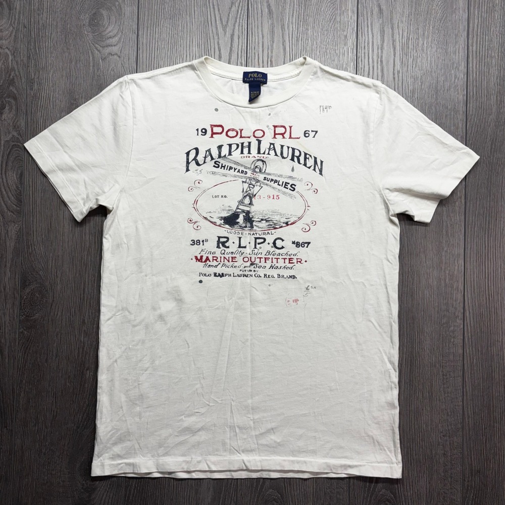 Polo Ralph Lauren Kids XL 18-20 Shipyard Supplies Graphic T-Shirt Cream Nautical